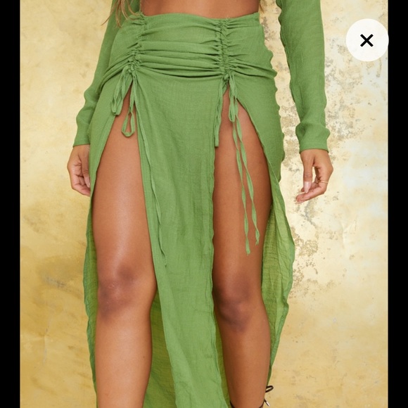 Olive Linen Look Long Sleeve Plunge Beach Top & Ruched Front Maxi Skirt -US 4 - Picture 3 of 9
